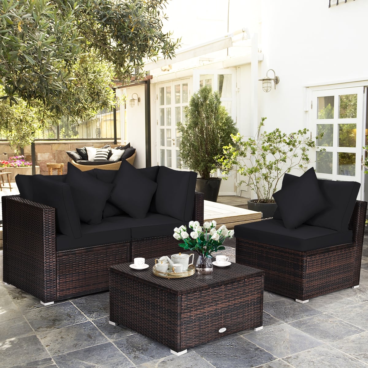 4 Pieces Ottoman Garden Patio Rattan Wicker Furniture Set with Cushion-Black-Outdoor Sectional Sofas-DECOROLALA