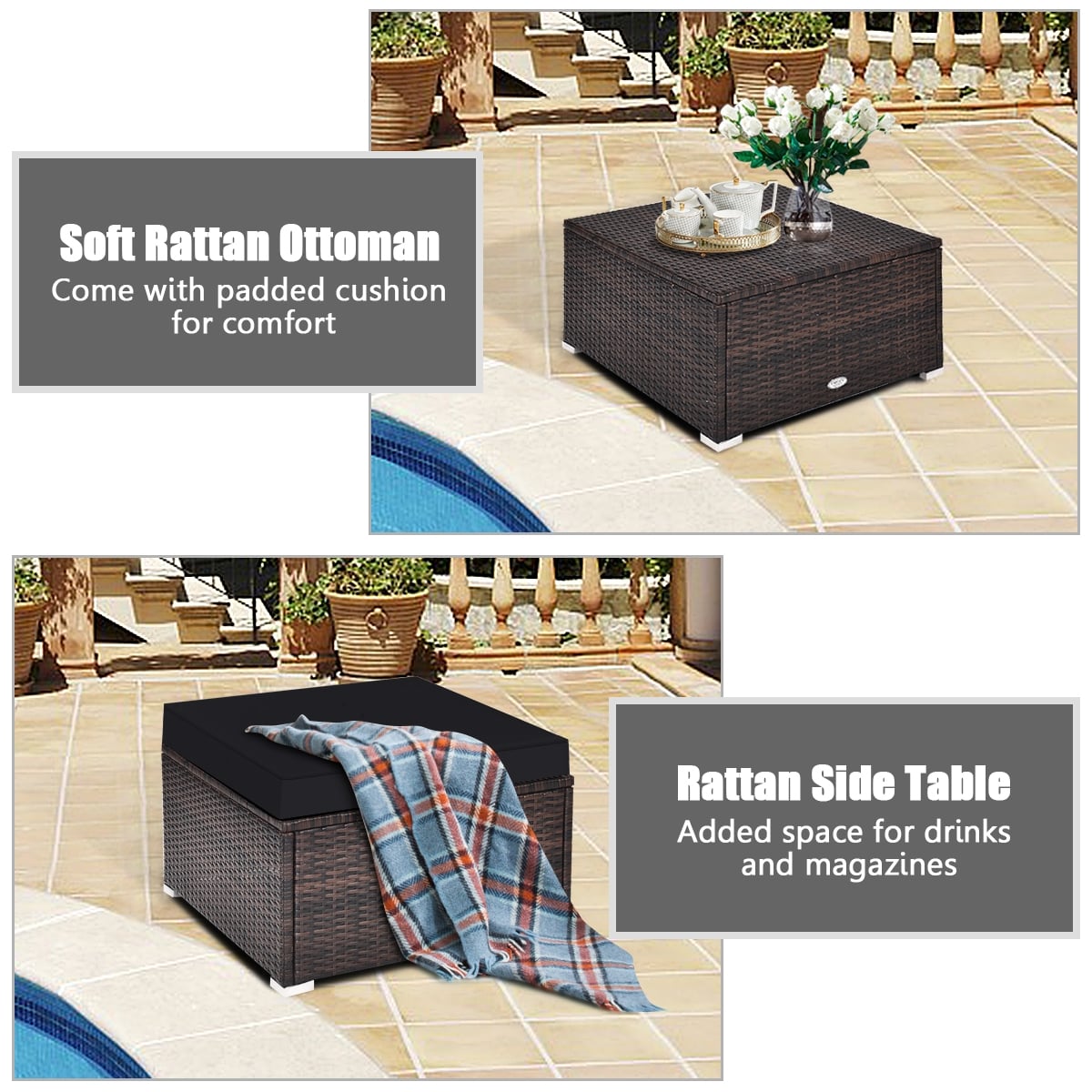 4 Pieces Ottoman Garden Patio Rattan Wicker Furniture Set with Cushion-Black-Outdoor Sectional Sofas-DECOROLALA