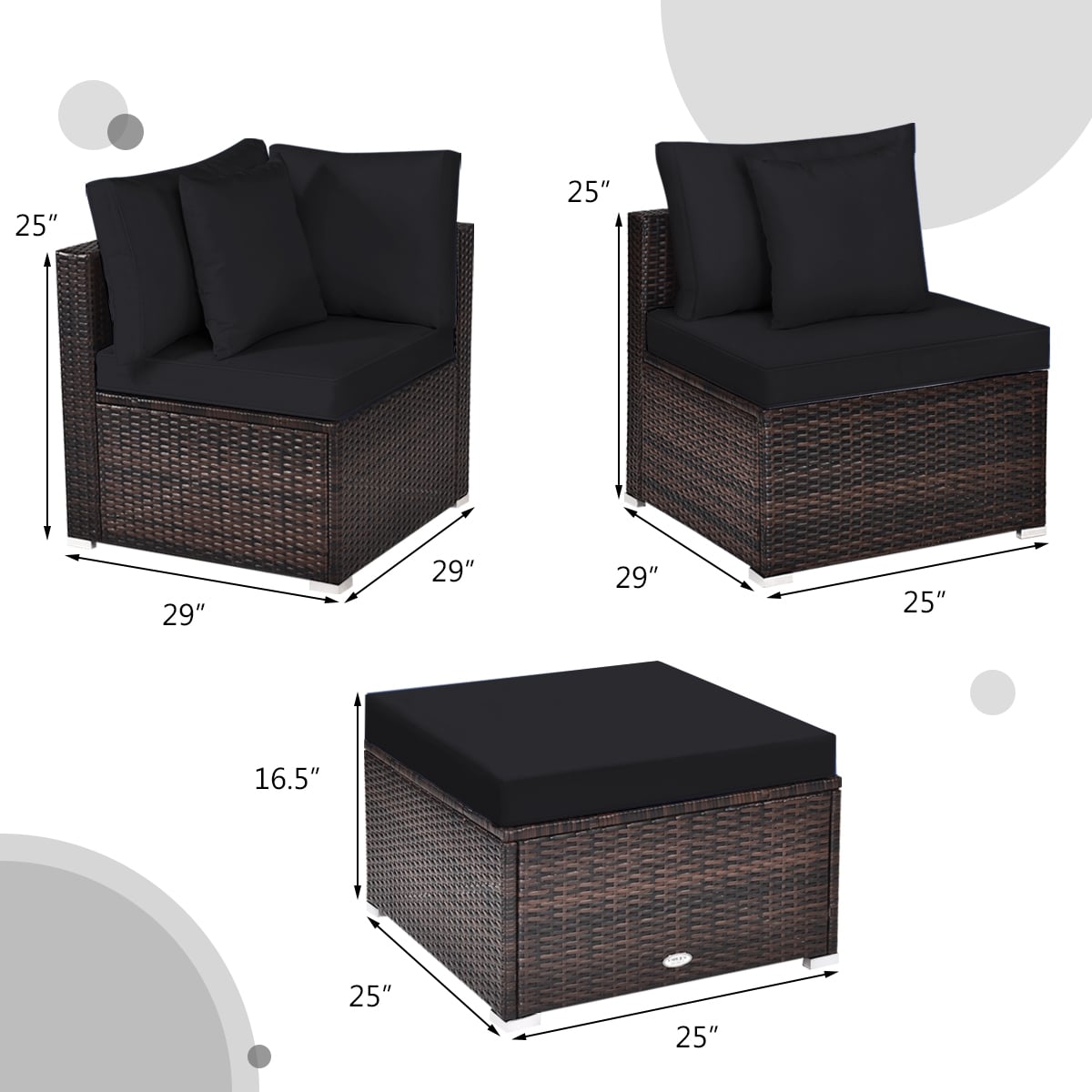 4 Pieces Ottoman Garden Patio Rattan Wicker Furniture Set with Cushion-Black-Outdoor Sectional Sofas-DECOROLALA
