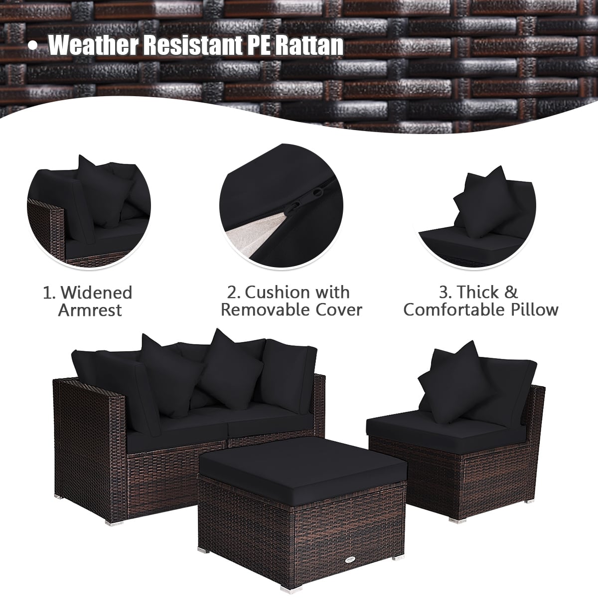4 Pieces Ottoman Garden Patio Rattan Wicker Furniture Set with Cushion-Black-Outdoor Sectional Sofas-DECOROLALA