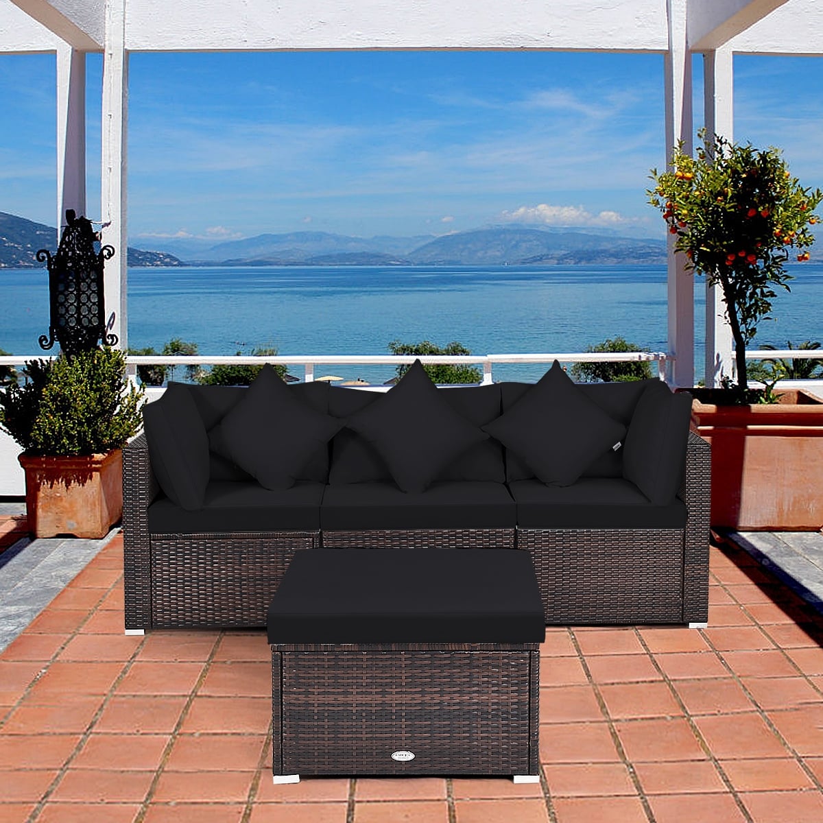 4 Pieces Ottoman Garden Patio Rattan Wicker Furniture Set with Cushion-Black-Outdoor Sectional Sofas-DECOROLALA
