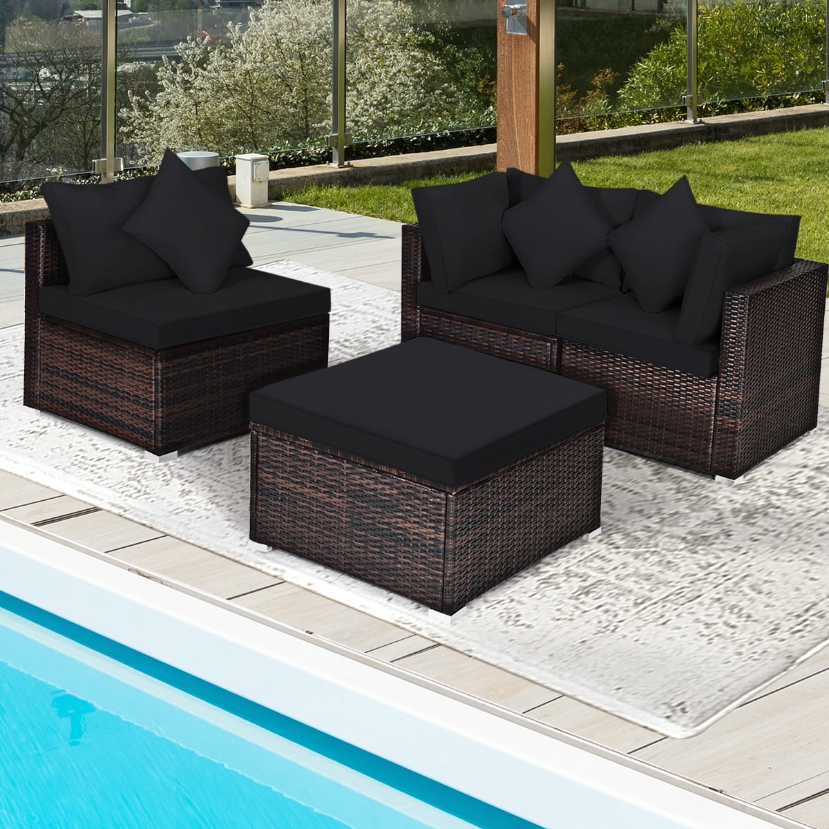 4 Pieces Ottoman Garden Patio Rattan Wicker Furniture Set with Cushion-Black-Outdoor Sectional Sofas-DECOROLALA
