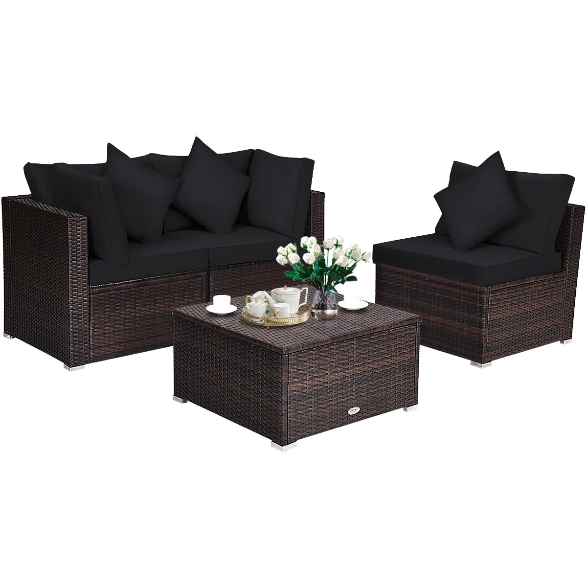 4 Pieces Ottoman Garden Patio Rattan Wicker Furniture Set with Cushion-Black-Outdoor Sectional Sofas-DECOROLALA