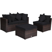 4 Pieces Ottoman Garden Patio Rattan Wicker Furniture Set with Cushion-Black-Outdoor Sectional Sofas-DECOROLALA