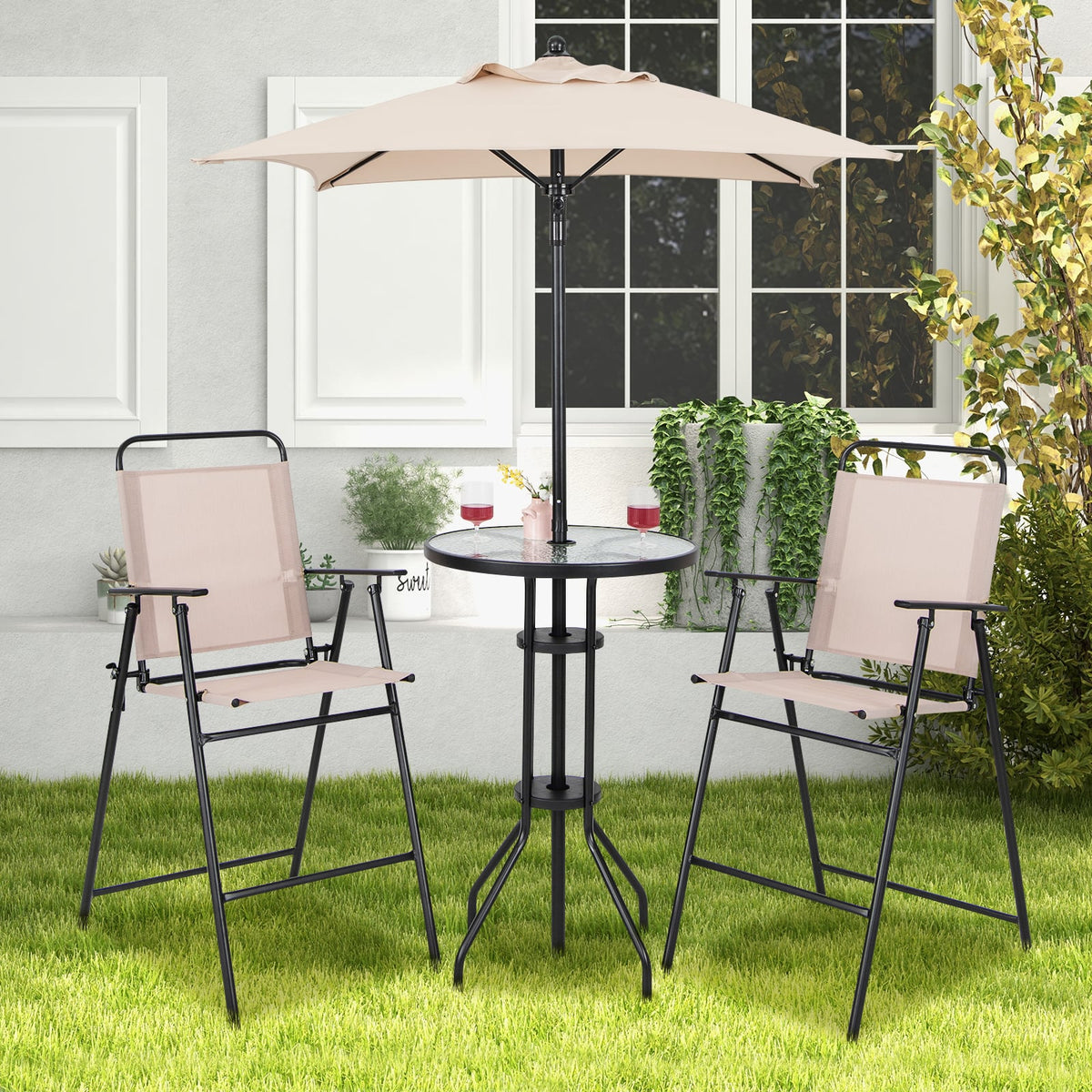4 Pieces Outdoor Bar Set with Umbrella-Beige-Outdoor Bar Furniture-DECOROLALA