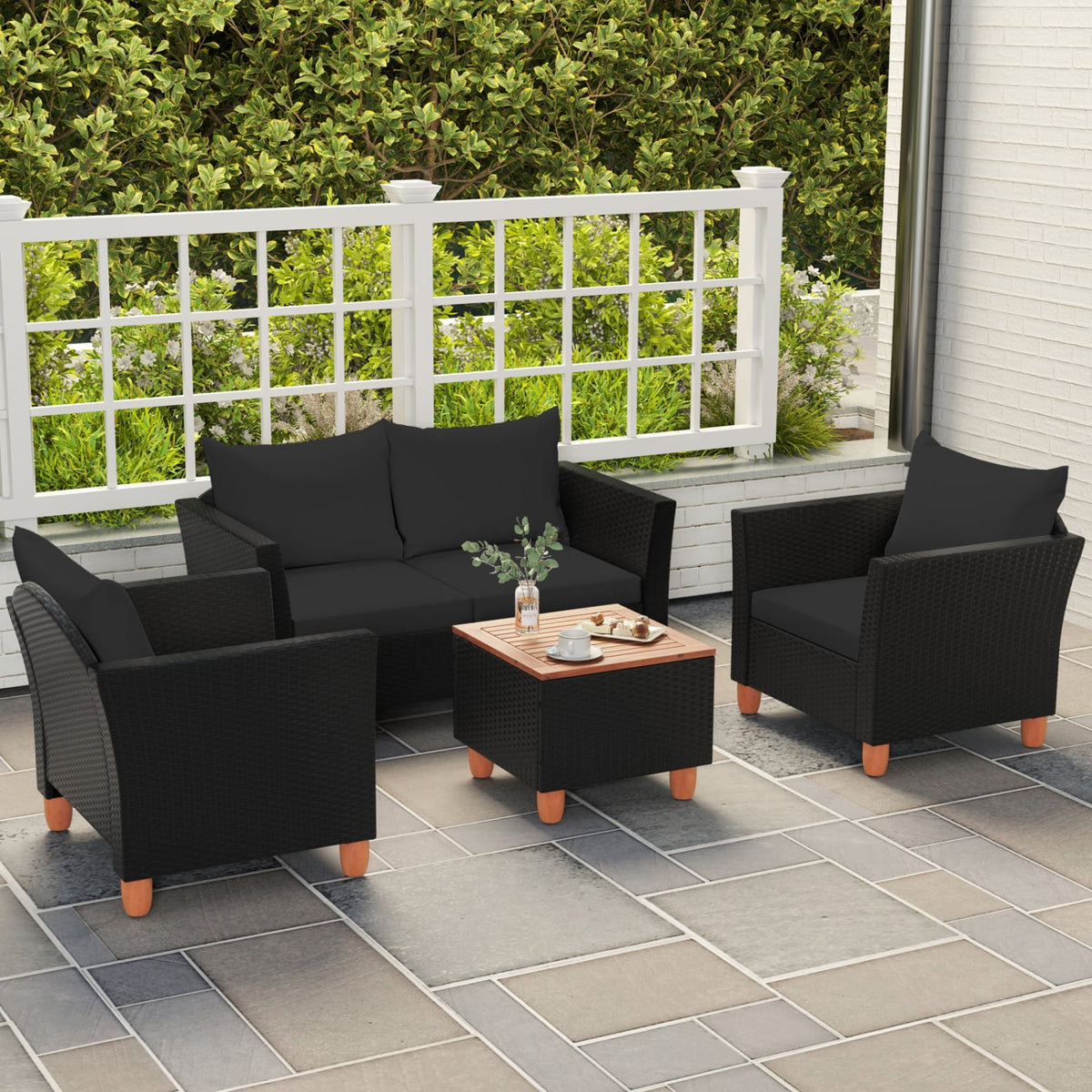 4 Pieces Outdoor Conversation Set with Storage Coffee Table-Black-Patio Furniture Sets-DECOROLALA