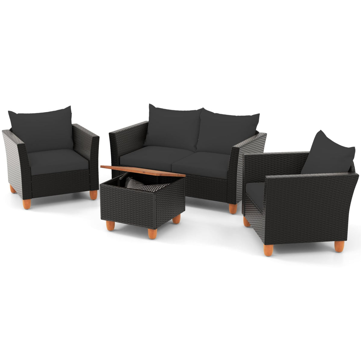 4 Pieces Outdoor Conversation Set with Storage Coffee Table-Black-Patio Furniture Sets-DECOROLALA