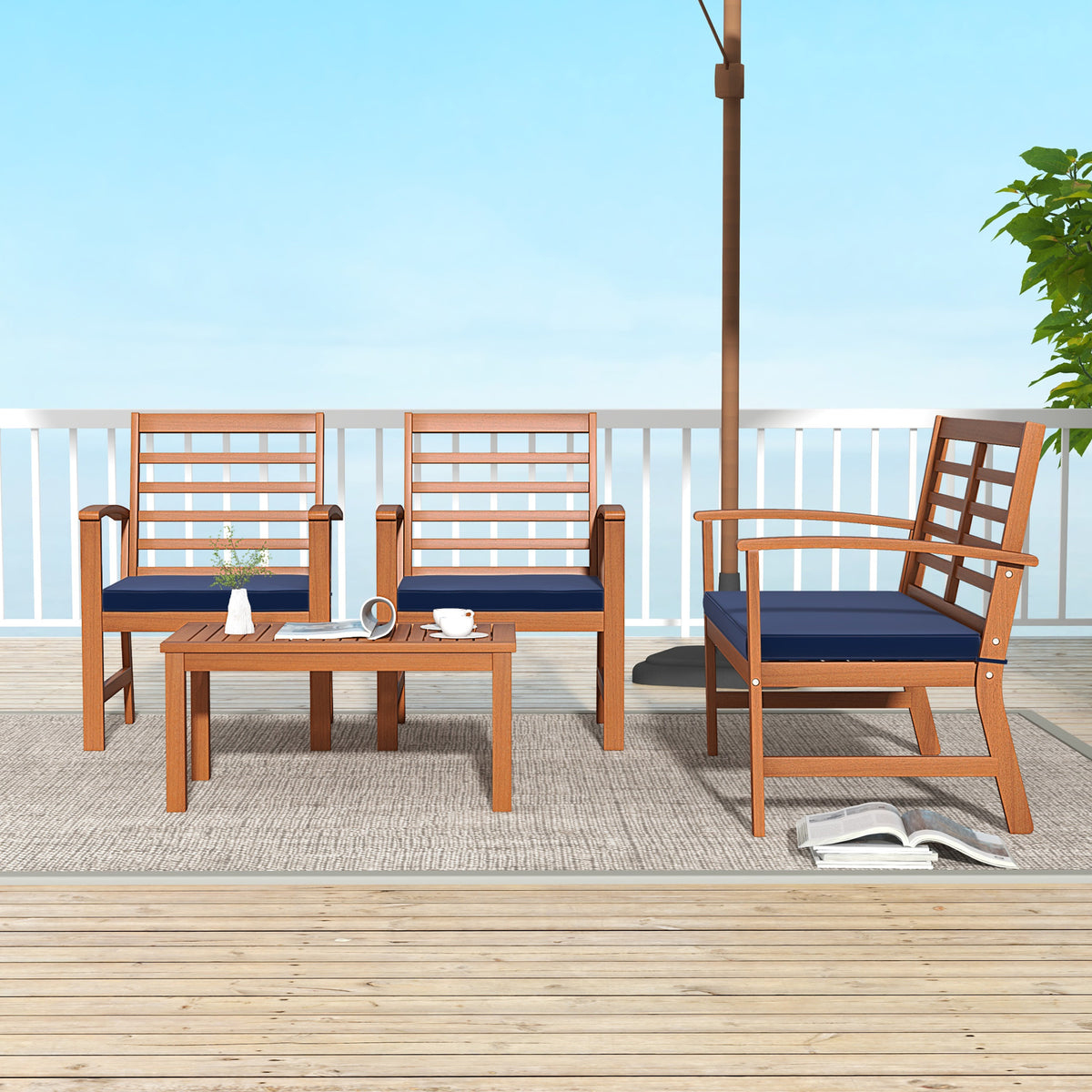 4 Pieces Outdoor Furniture Set with Stable Acacia Wood Frame-Navy-Patio Conversation Sets-DECOROLALA