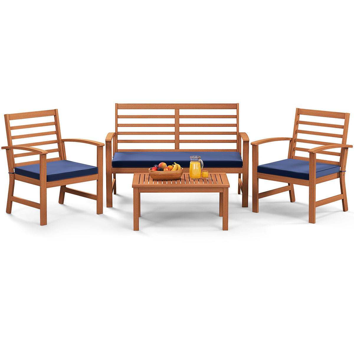 4 Pieces Outdoor Furniture Set with Stable Acacia Wood Frame-Navy-Patio Conversation Sets-DECOROLALA