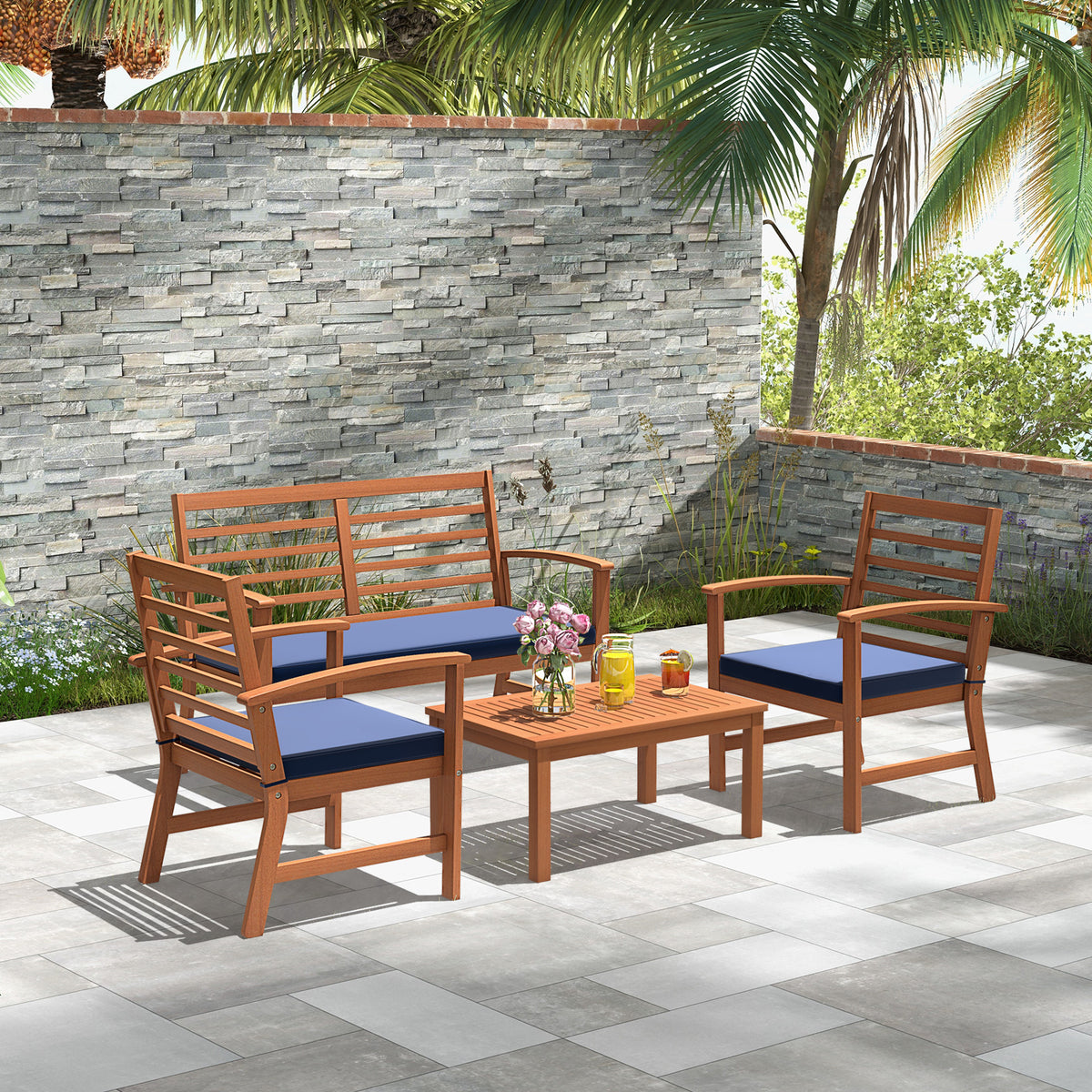 4 Pieces Outdoor Furniture Set with Stable Acacia Wood Frame-Navy-Patio Conversation Sets-DECOROLALA