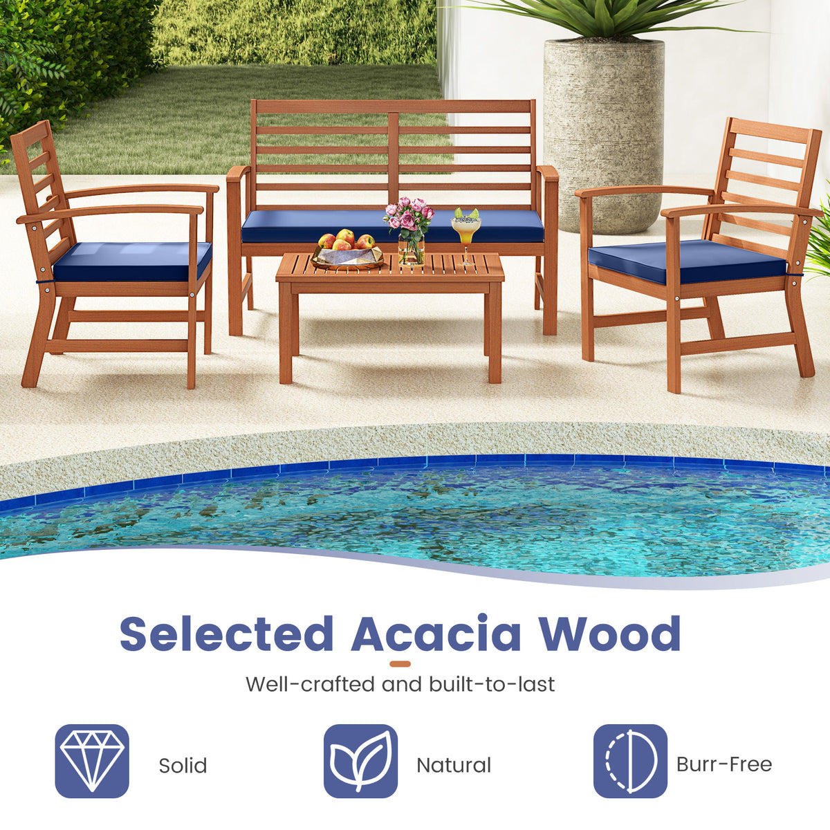 4 Pieces Outdoor Furniture Set with Stable Acacia Wood Frame-Navy-Patio Conversation Sets-DECOROLALA