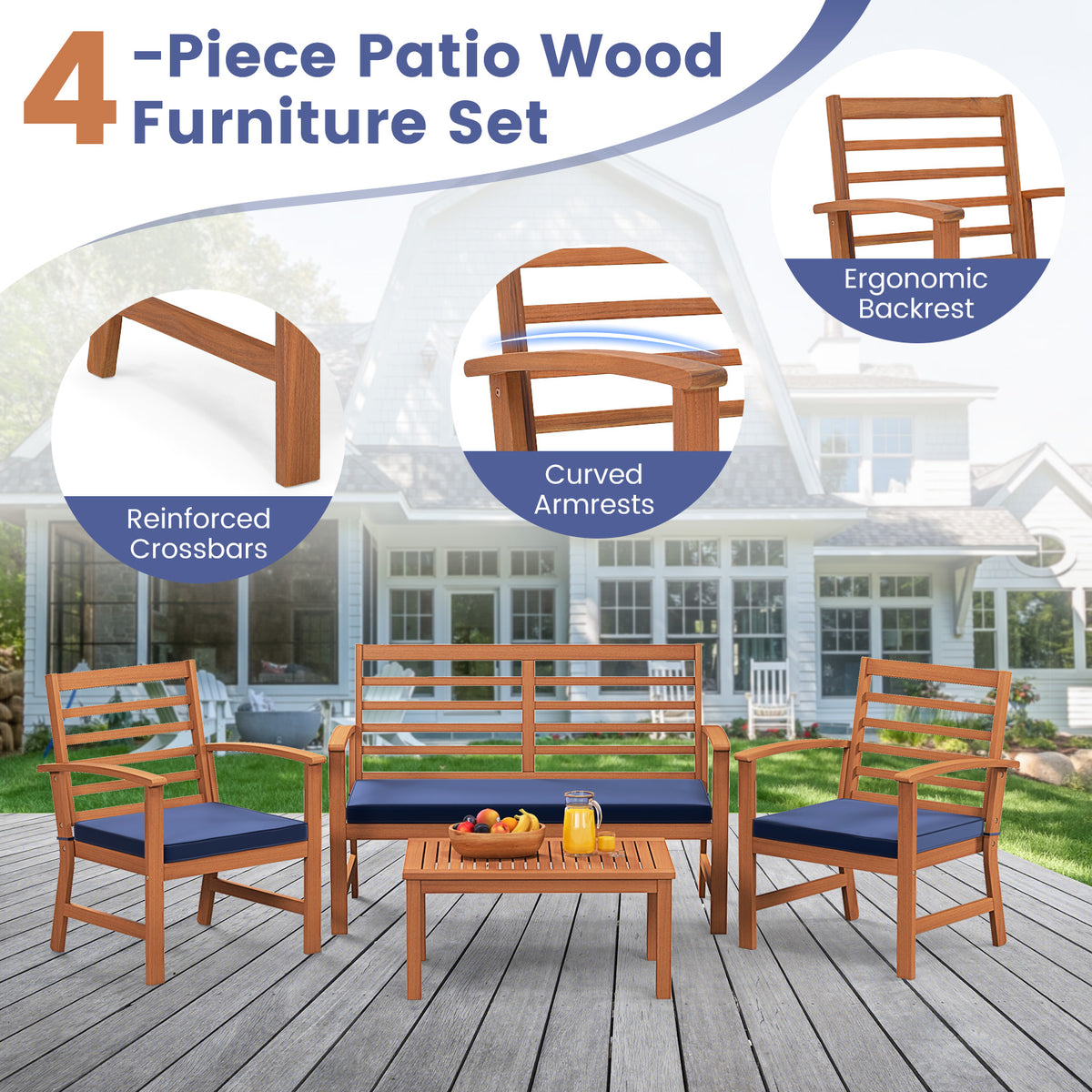 4 Pieces Outdoor Furniture Set with Stable Acacia Wood Frame-Navy-Patio Conversation Sets-DECOROLALA