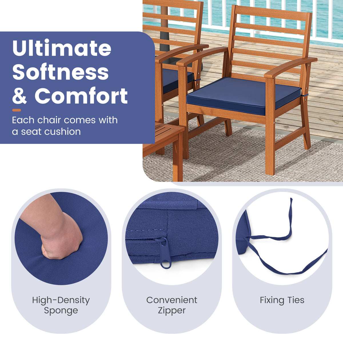4 Pieces Outdoor Furniture Set with Stable Acacia Wood Frame-Navy-Patio Conversation Sets-DECOROLALA