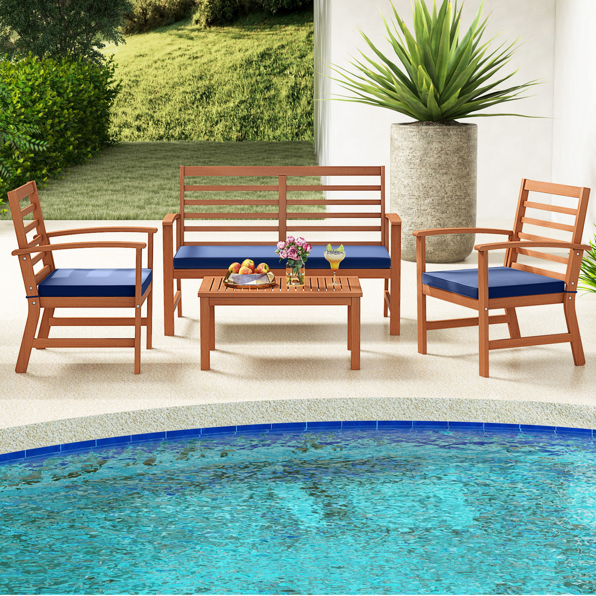 4 Pieces Outdoor Furniture Set with Stable Acacia Wood Frame-Navy-Patio Conversation Sets-DECOROLALA