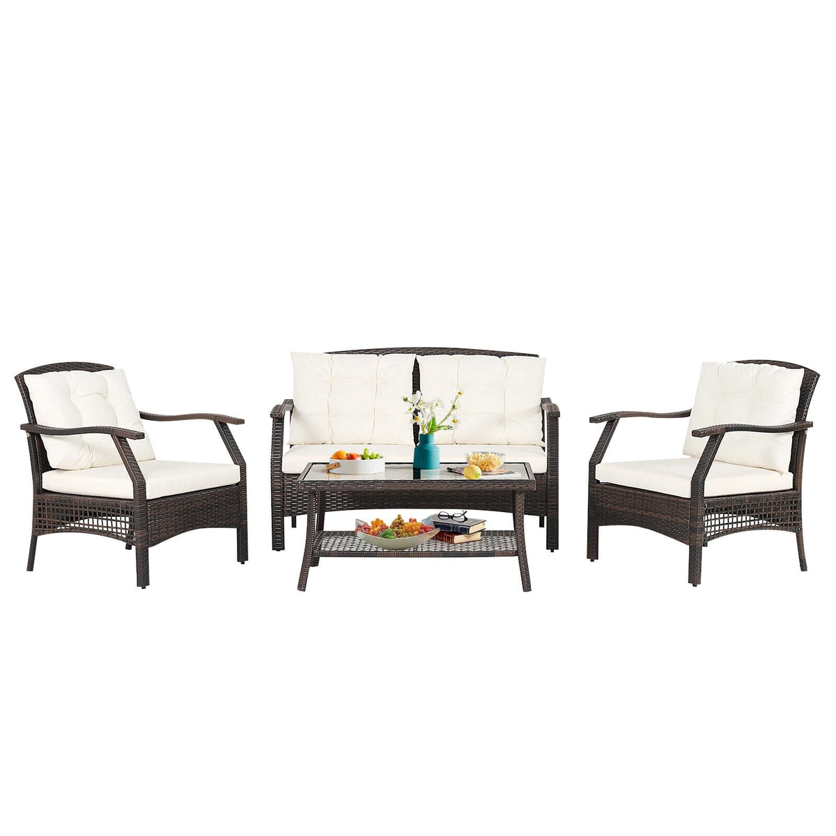 4 Pieces Outdoor Rattan Conversation Set with Protective Cover-Patio Conversation Sets-DECOROLALA