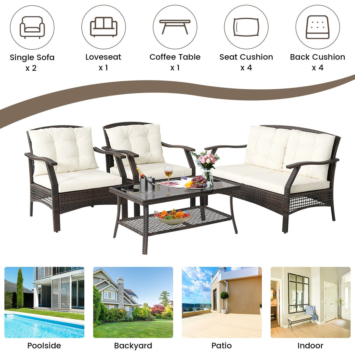 4 Pieces Outdoor Rattan Conversation Set with Protective Cover-Patio Conversation Sets-DECOROLALA