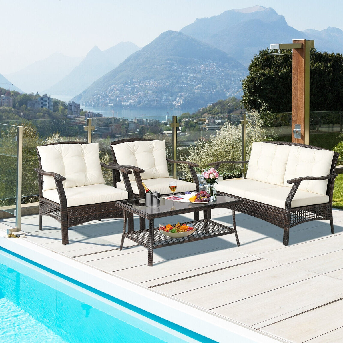 4 Pieces Outdoor Rattan Conversation Set with Protective Cover-Patio Conversation Sets-DECOROLALA