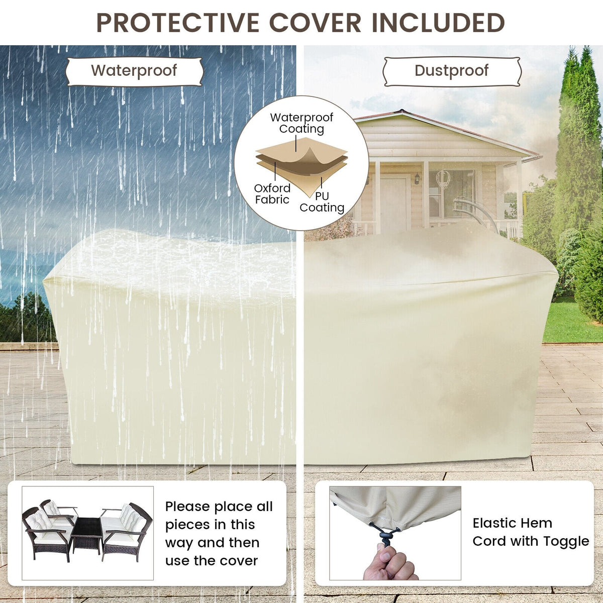 4 Pieces Outdoor Rattan Conversation Set with Protective Cover-Patio Conversation Sets-DECOROLALA