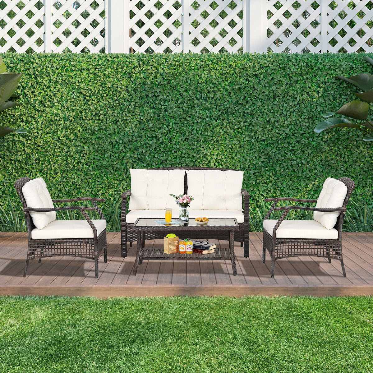 4 Pieces Outdoor Rattan Conversation Set with Protective Cover-Patio Conversation Sets-DECOROLALA
