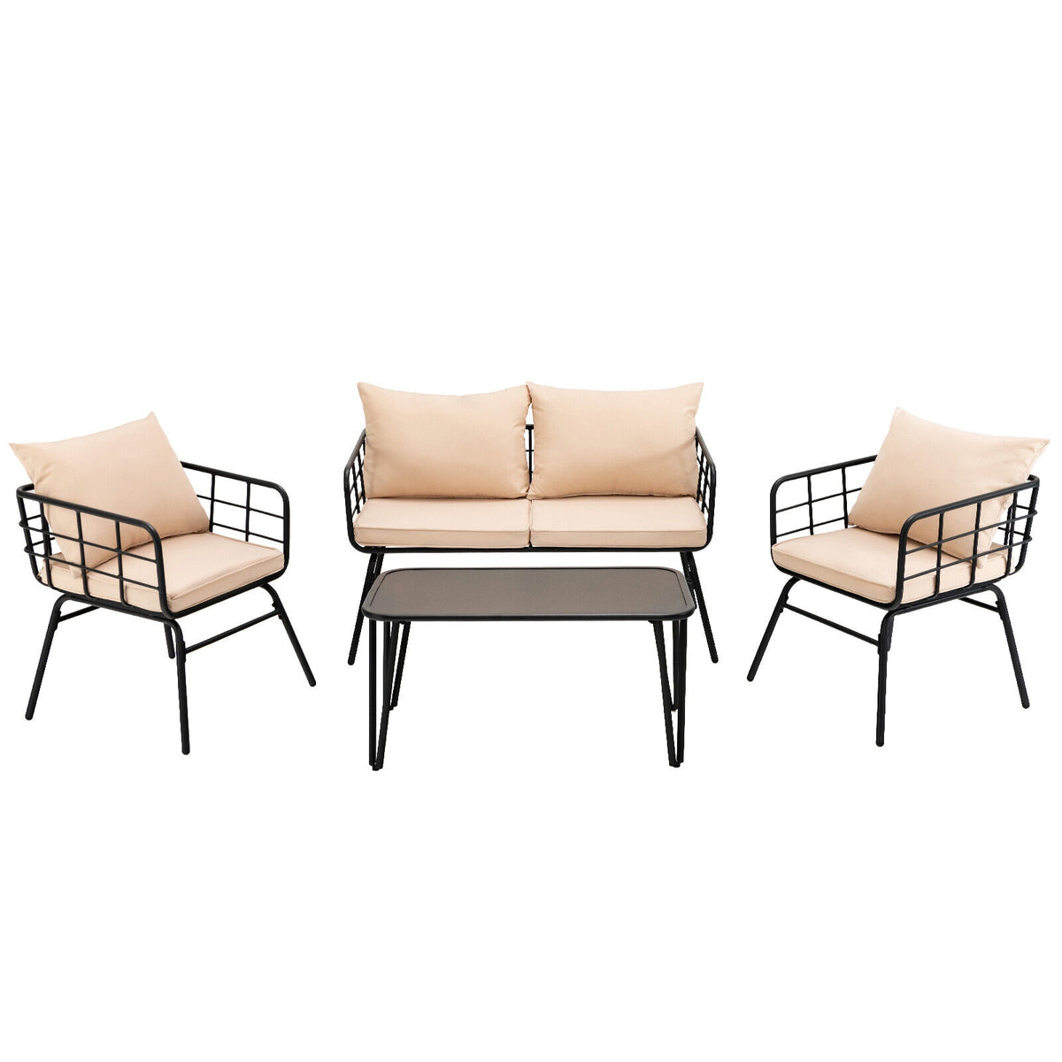 4 Pieces Patio Furniture Set Cushioned Sofa Loveseat Armrest Table for Garden-Beige-Patio Conversation Sets-DECOROLALA