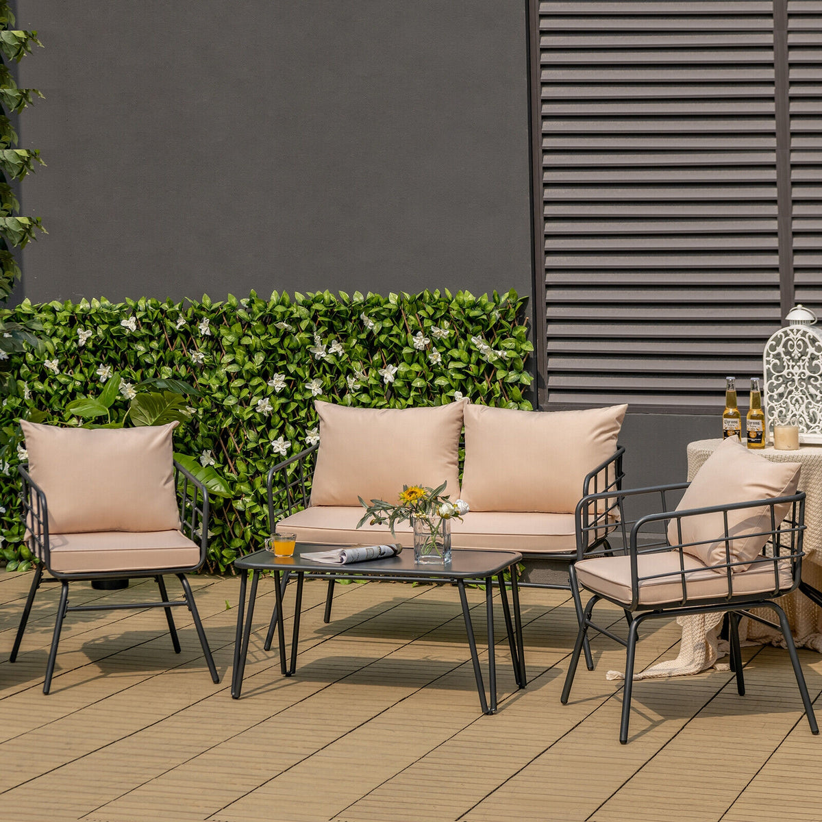 4 Pieces Patio Furniture Set Cushioned Sofa Loveseat Armrest Table for Garden-Beige-Patio Conversation Sets-DECOROLALA
