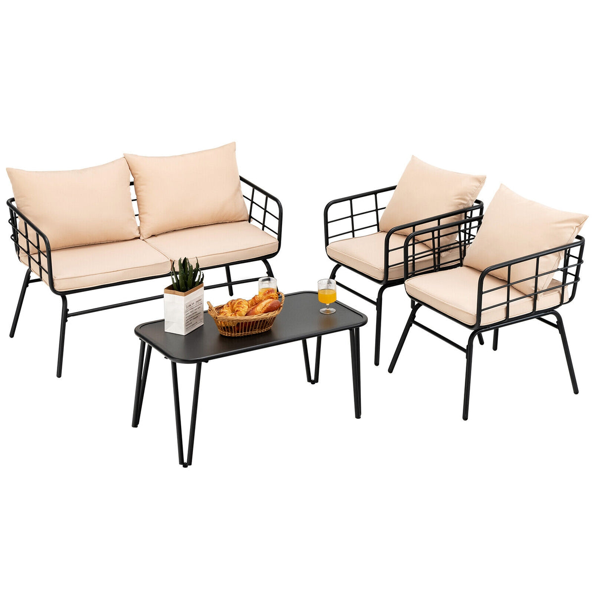 4 Pieces Patio Furniture Set Cushioned Sofa Loveseat Armrest Table for Garden-Beige-Patio Conversation Sets-DECOROLALA