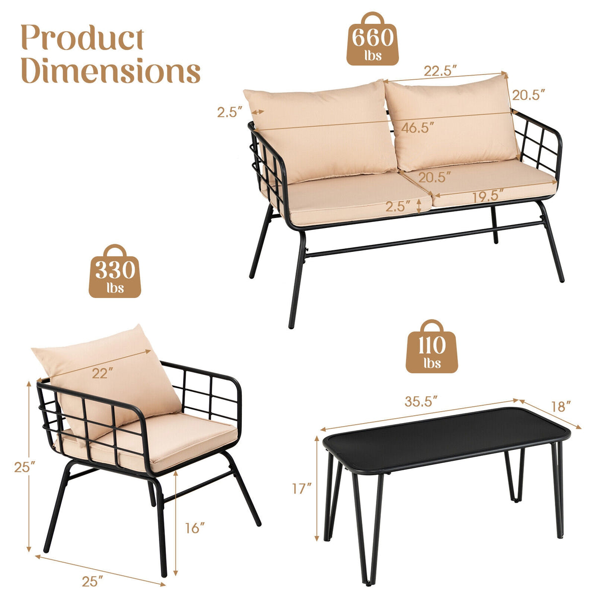 4 Pieces Patio Furniture Set Cushioned Sofa Loveseat Armrest Table for Garden-Beige-Patio Conversation Sets-DECOROLALA