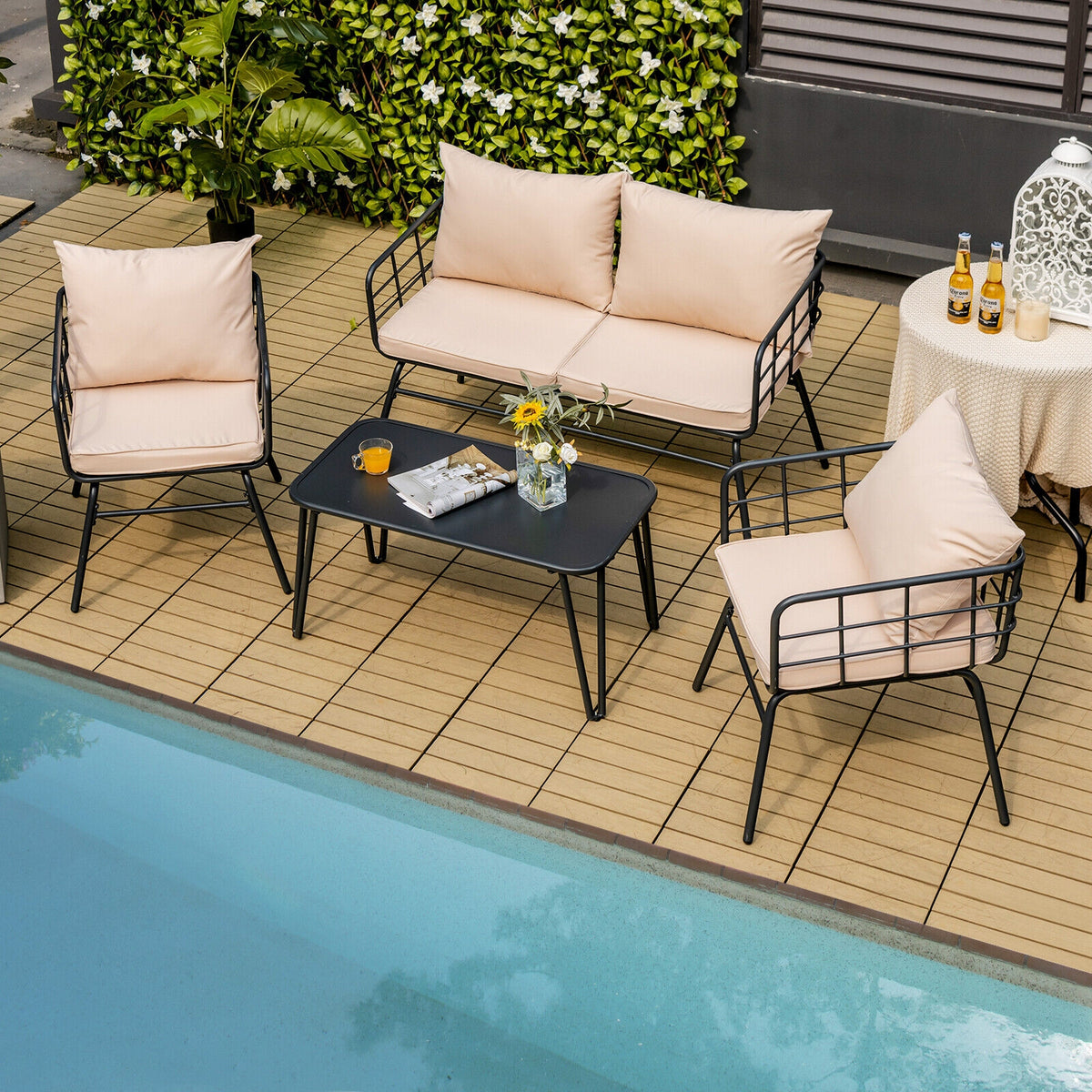 4 Pieces Patio Furniture Set Cushioned Sofa Loveseat Armrest Table for Garden-Beige-Patio Conversation Sets-DECOROLALA