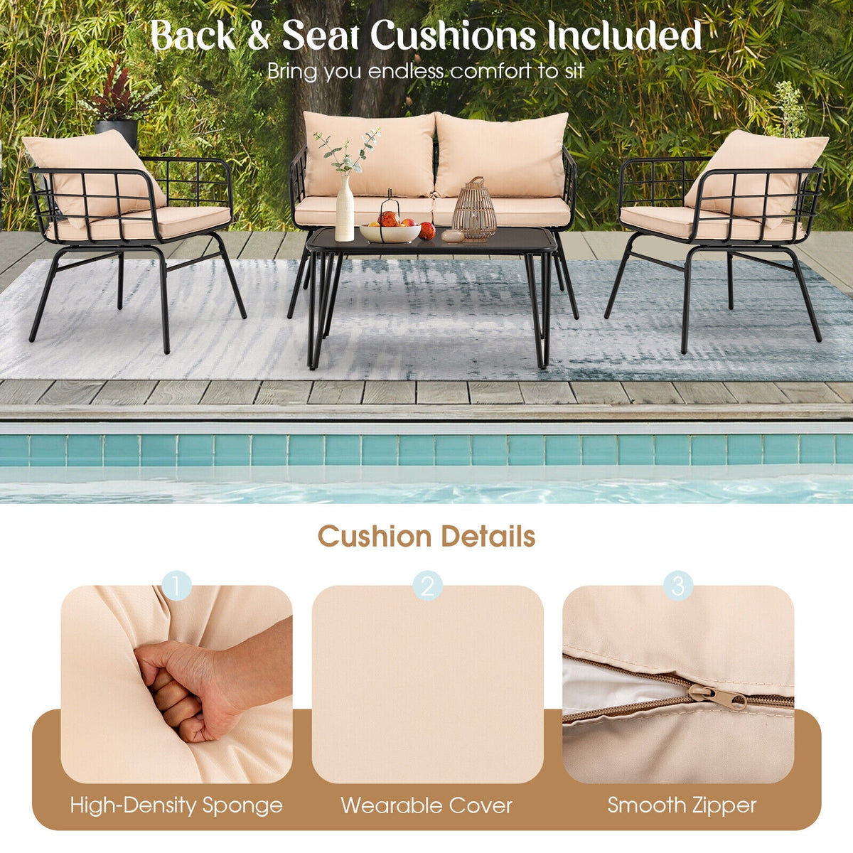 4 Pieces Patio Furniture Set Cushioned Sofa Loveseat Armrest Table for Garden-Beige-Patio Conversation Sets-DECOROLALA