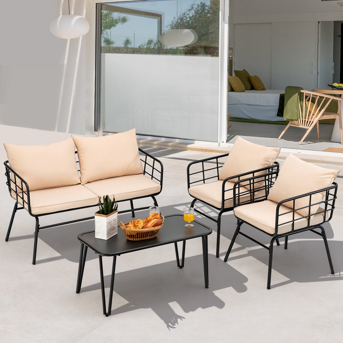 4 Pieces Patio Furniture Set Cushioned Sofa Loveseat Armrest Table for Garden-Beige-Patio Conversation Sets-DECOROLALA