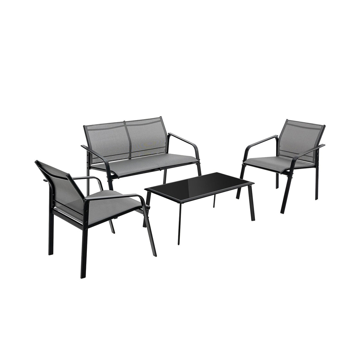 4 Pieces Patio Furniture Set with Armrest Loveseat Sofas and Glass Table Deck-Gray-Patio Conversation Sets-DECOROLALA