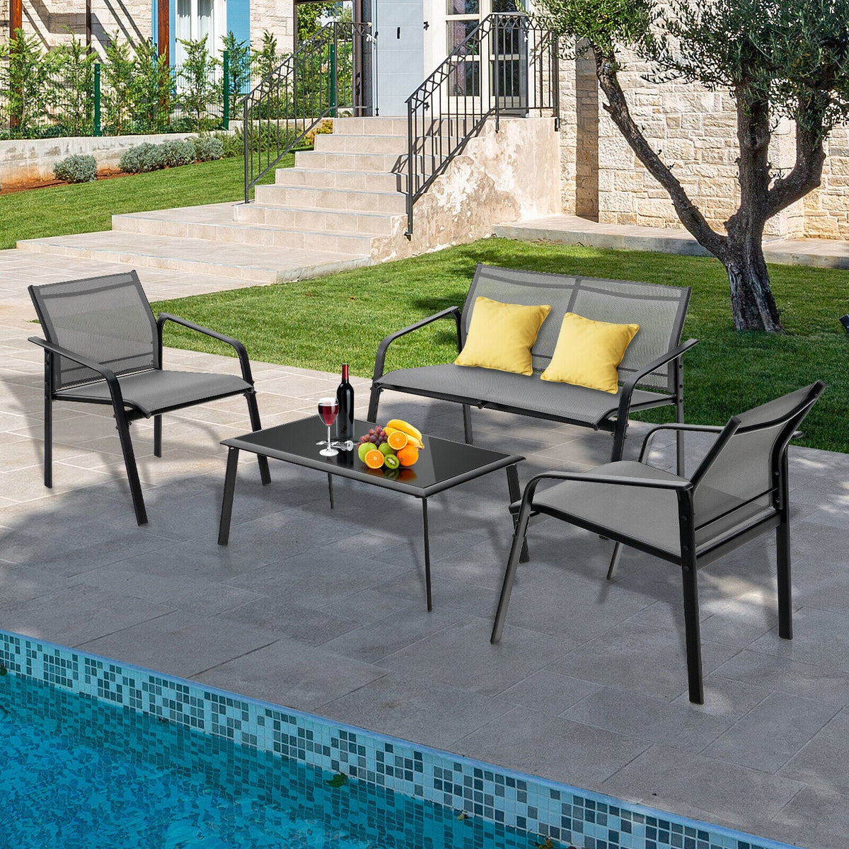 4 Pieces Patio Furniture Set with Armrest Loveseat Sofas and Glass Table Deck-Gray-Patio Conversation Sets-DECOROLALA