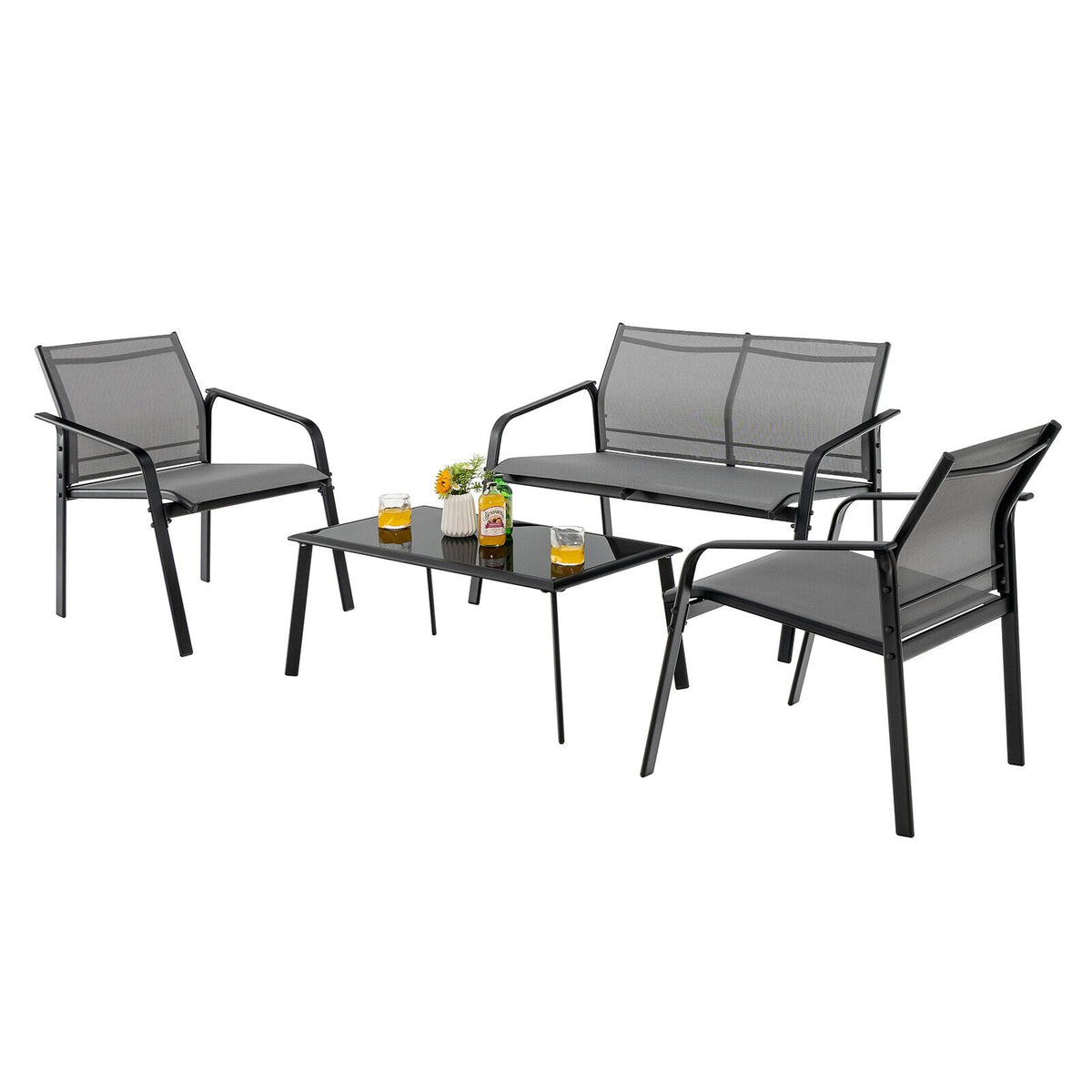 4 Pieces Patio Furniture Set with Armrest Loveseat Sofas and Glass Table Deck-Gray-Patio Conversation Sets-DECOROLALA