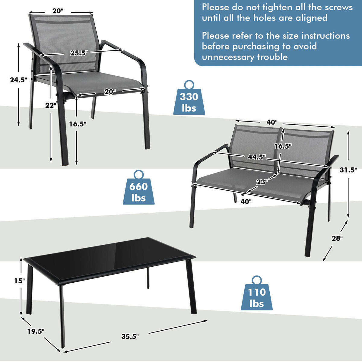 4 Pieces Patio Furniture Set with Armrest Loveseat Sofas and Glass Table Deck-Gray-Patio Conversation Sets-DECOROLALA