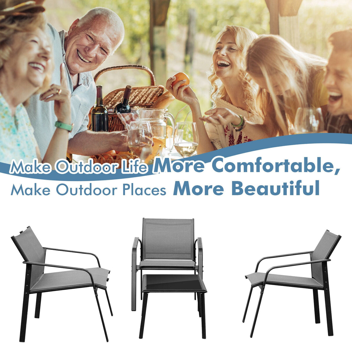 4 Pieces Patio Furniture Set with Armrest Loveseat Sofas and Glass Table Deck-Gray-Patio Conversation Sets-DECOROLALA