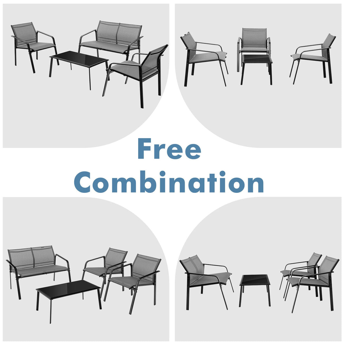 4 Pieces Patio Furniture Set with Armrest Loveseat Sofas and Glass Table Deck-Gray-Patio Conversation Sets-DECOROLALA