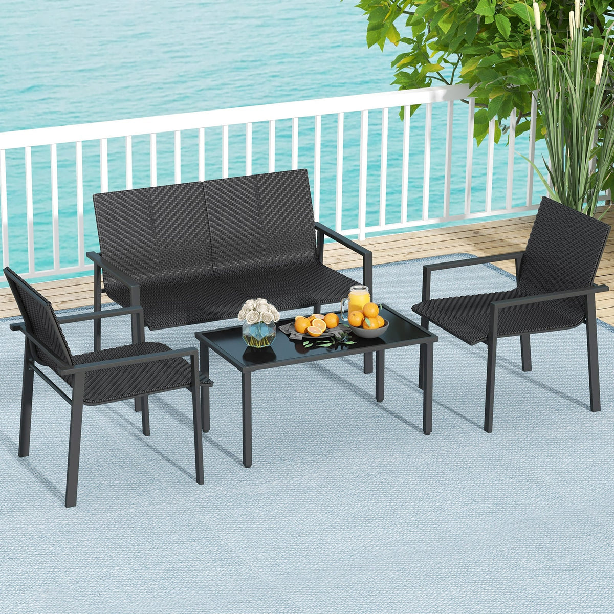 4 Pieces Patio Furniture Set with Heavy Duty Galvanized Metal Frame-Black-Patio Dining Sets-DECOROLALA
