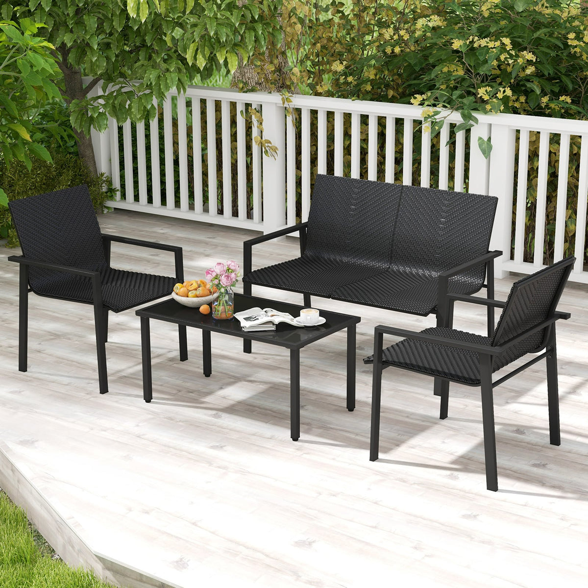 4 Pieces Patio Furniture Set with Heavy Duty Galvanized Metal Frame-Black-Patio Dining Sets-DECOROLALA