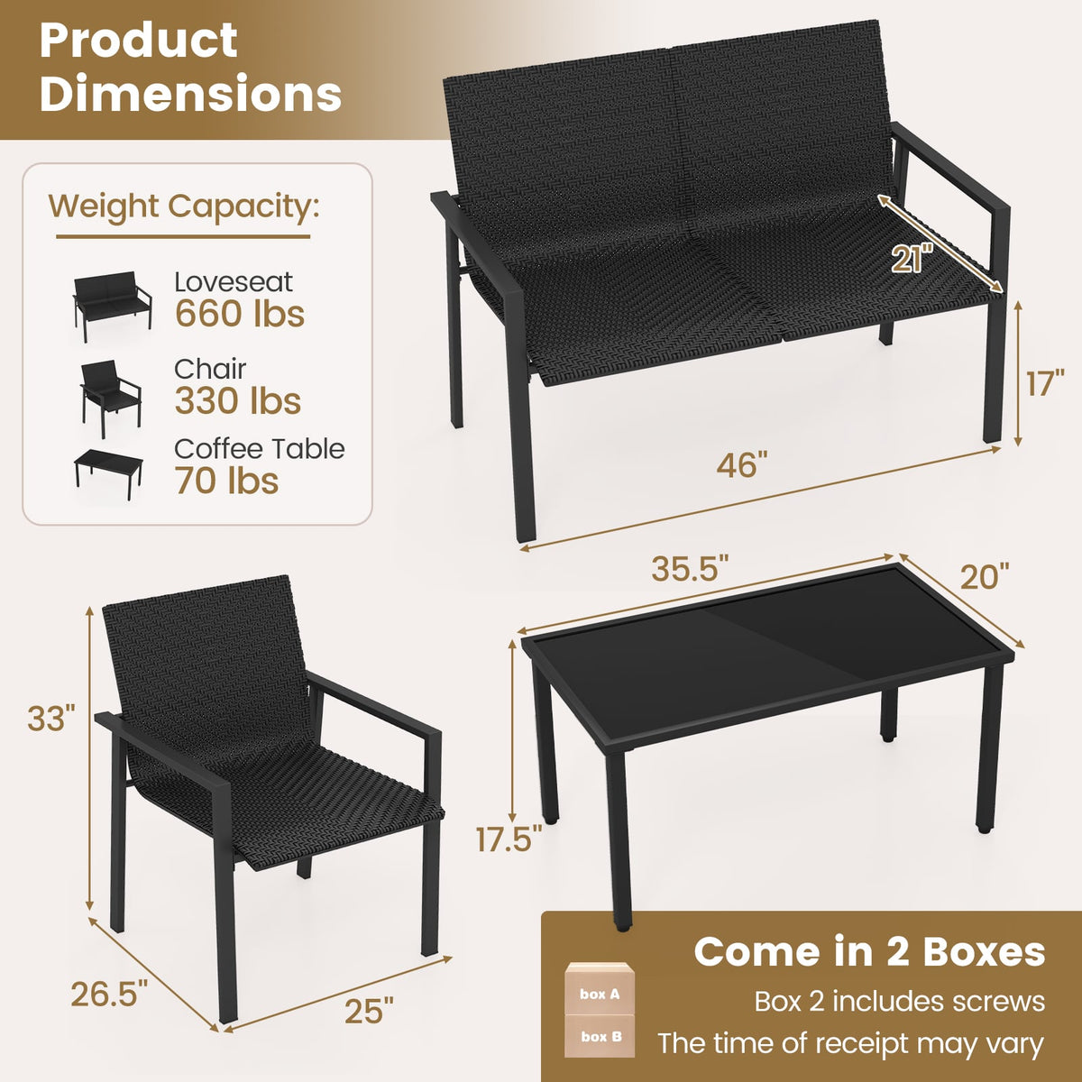 4 Pieces Patio Furniture Set with Heavy Duty Galvanized Metal Frame-Black-Patio Dining Sets-DECOROLALA