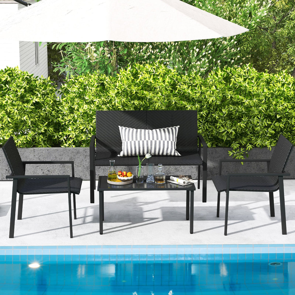 4 Pieces Patio Furniture Set with Heavy Duty Galvanized Metal Frame-Black-Patio Dining Sets-DECOROLALA