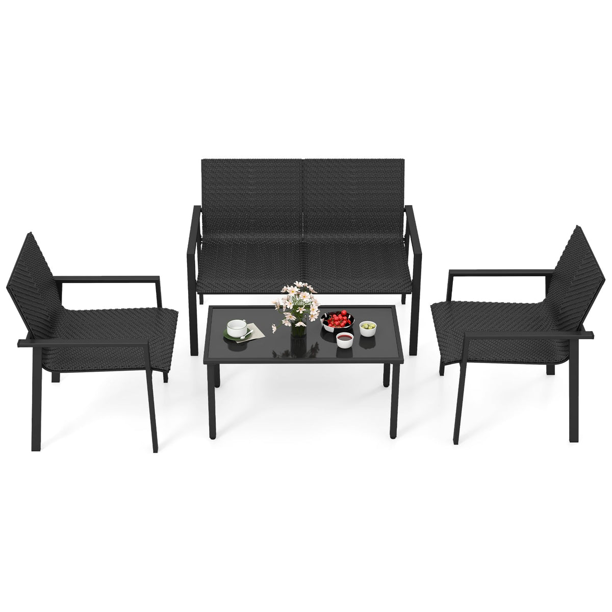4 Pieces Patio Furniture Set with Heavy Duty Galvanized Metal Frame-Black-Patio Dining Sets-DECOROLALA