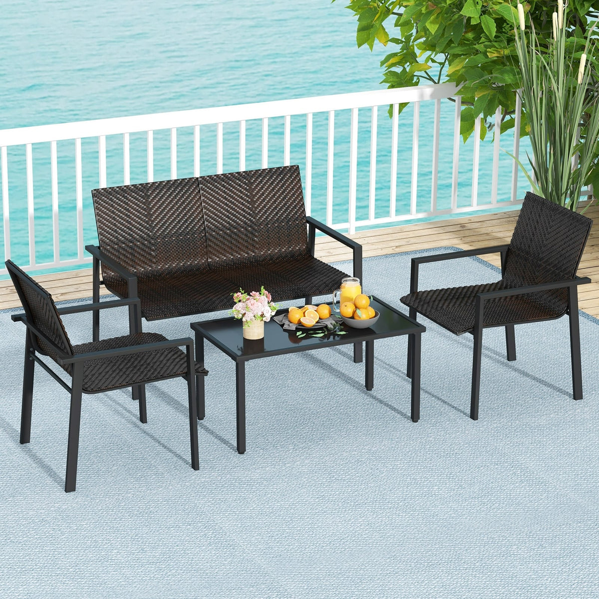 4 Pieces Patio Furniture Set with Heavy Duty Galvanized Metal Frame-Brown-Patio Dining Sets-DECOROLALA