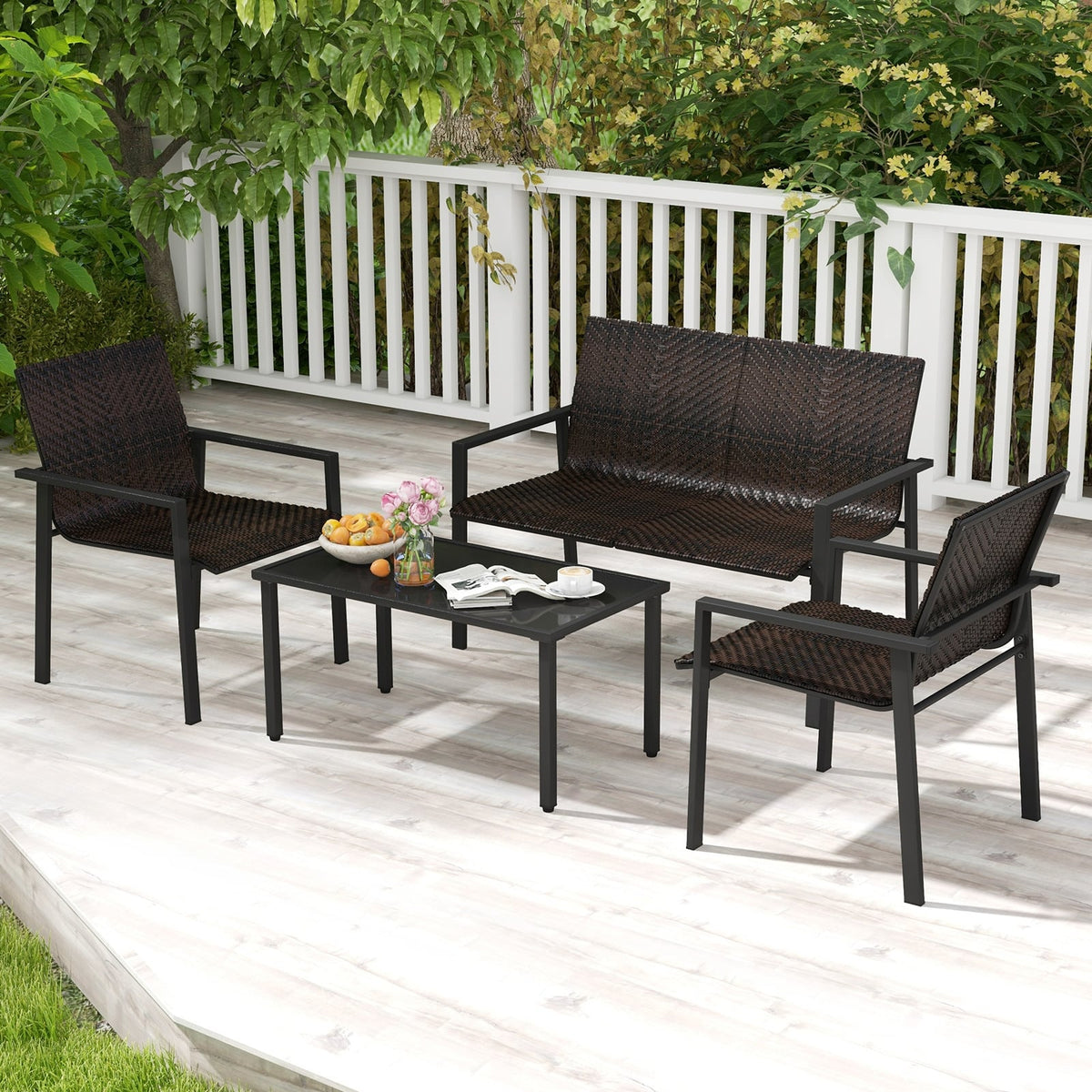 4 Pieces Patio Furniture Set with Heavy Duty Galvanized Metal Frame-Brown-Patio Dining Sets-DECOROLALA