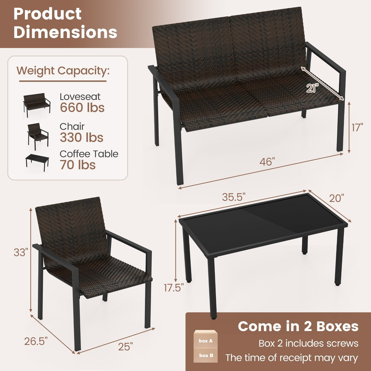 4 Pieces Patio Furniture Set with Heavy Duty Galvanized Metal Frame-Brown-Patio Dining Sets-DECOROLALA