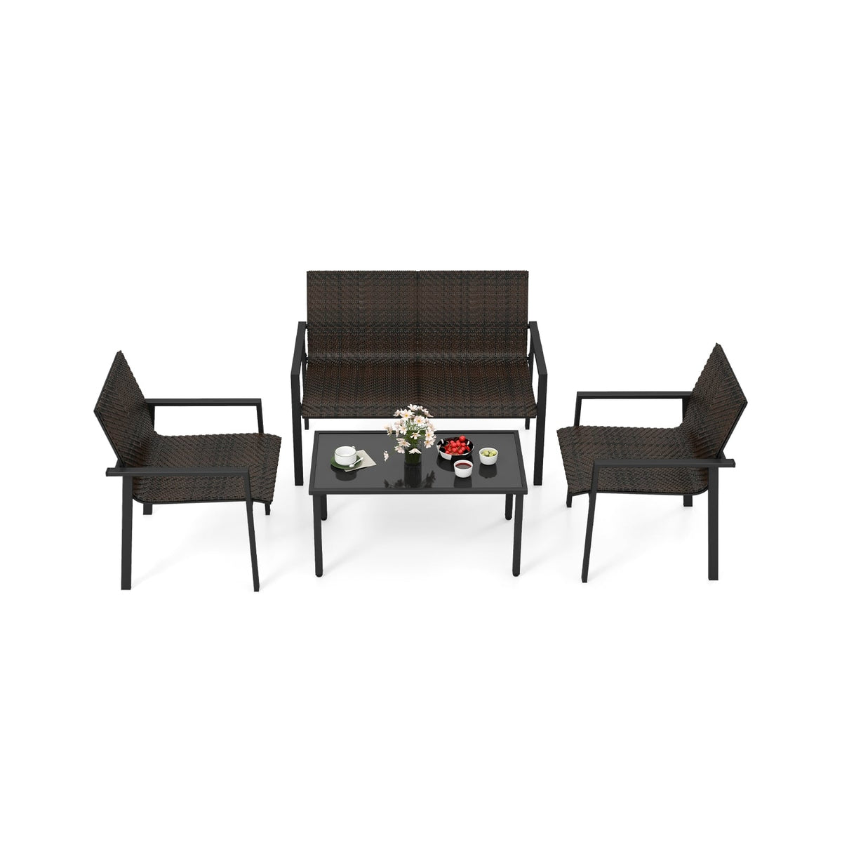 4 Pieces Patio Furniture Set with Heavy Duty Galvanized Metal Frame-Brown-Patio Dining Sets-DECOROLALA