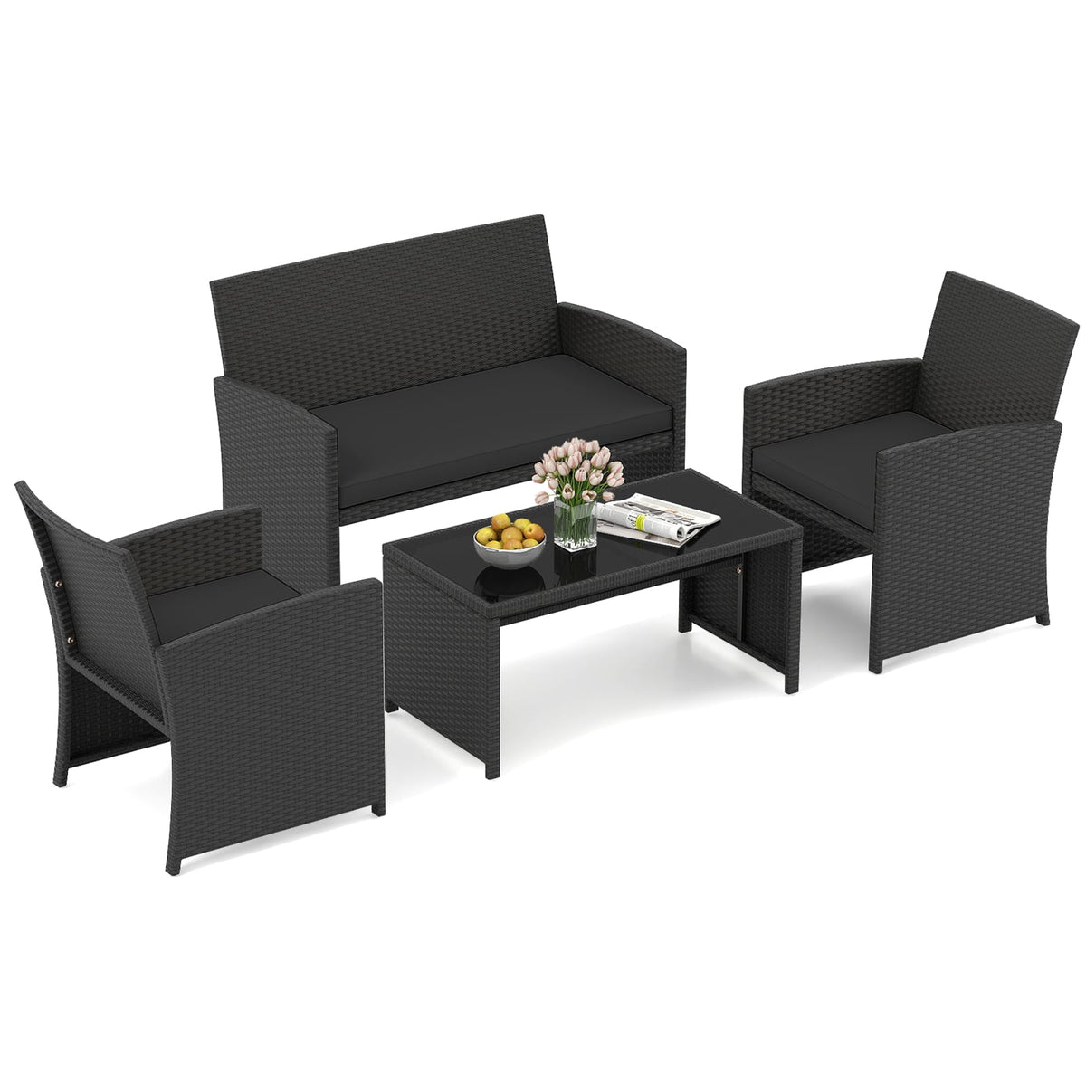 4 Pieces Patio Furniture Set with Tempered Glass Tabletop and Removable Cushion-Black-Patio Conversation Sets-DECOROLALA