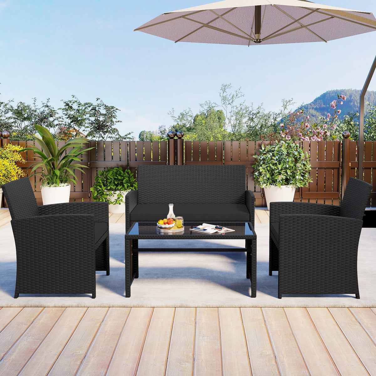 4 Pieces Patio Furniture Set with Tempered Glass Tabletop and Removable Cushion-Black-Patio Conversation Sets-DECOROLALA