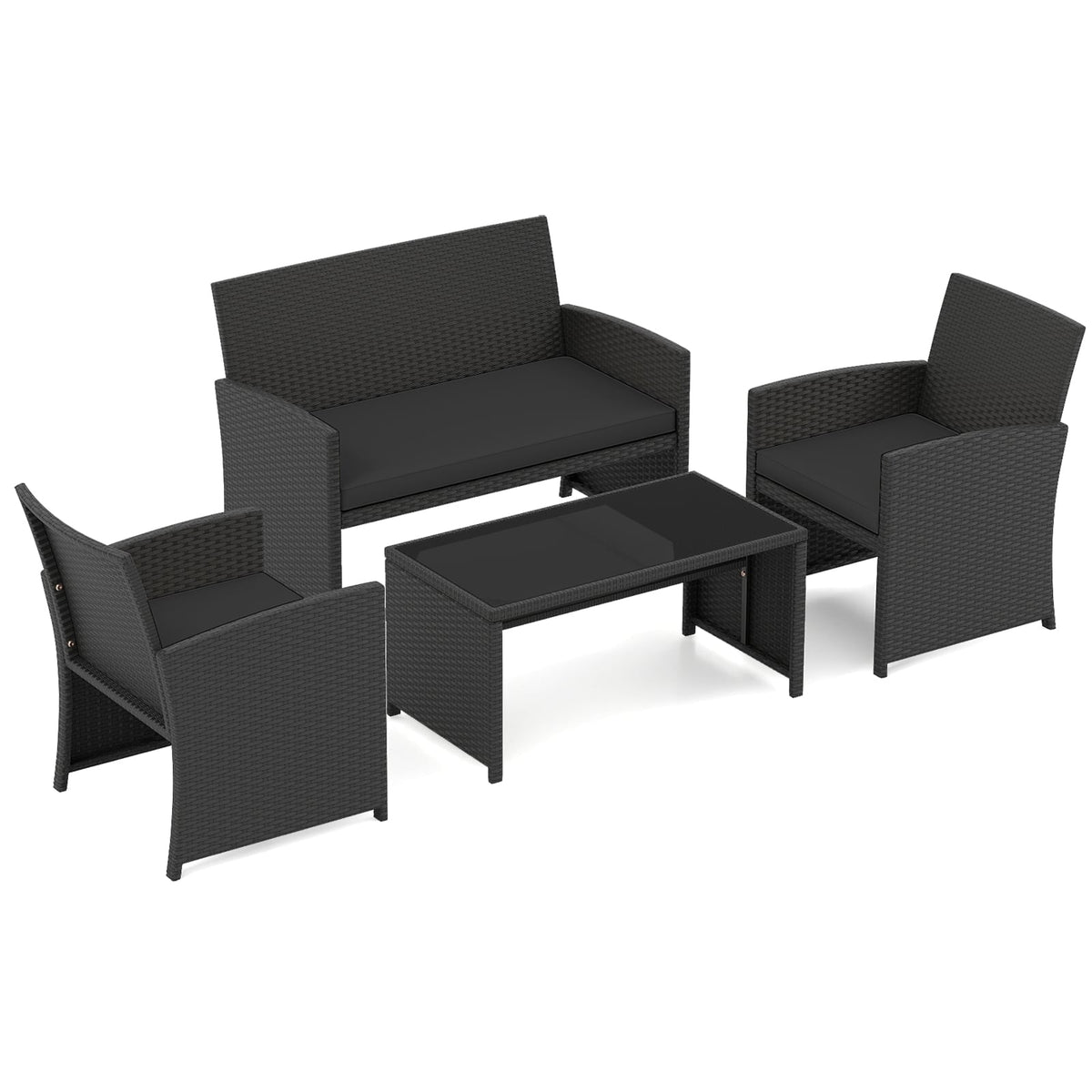 4 Pieces Patio Furniture Set with Tempered Glass Tabletop and Removable Cushion-Black-Patio Conversation Sets-DECOROLALA