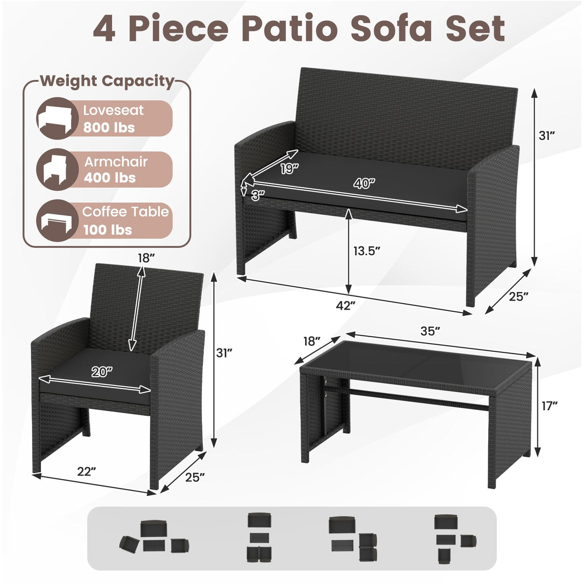 4 Pieces Patio Furniture Set with Tempered Glass Tabletop and Removable Cushion-Black-Patio Conversation Sets-DECOROLALA