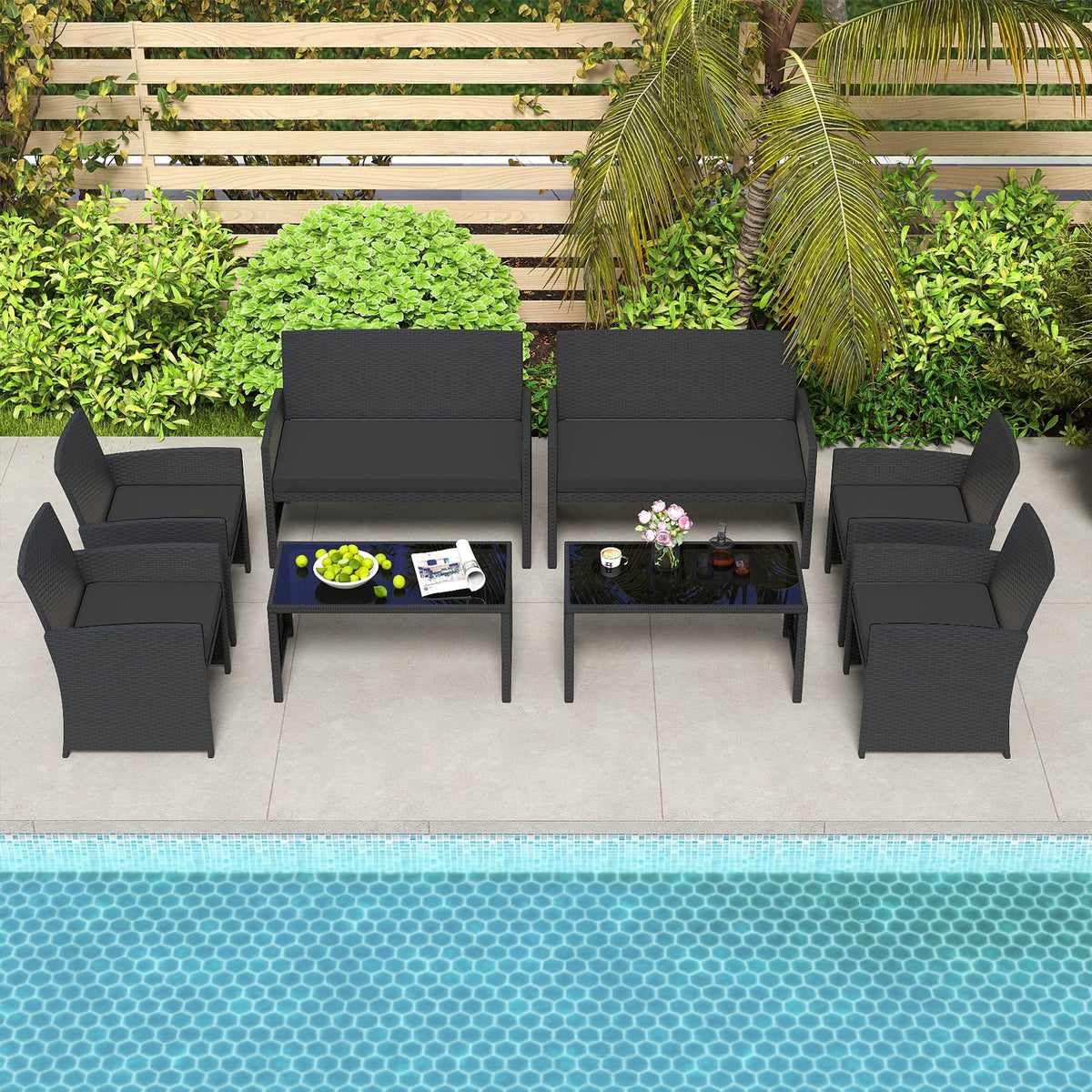 4 Pieces Patio Furniture Set with Tempered Glass Tabletop and Removable Cushion-Black-Patio Conversation Sets-DECOROLALA